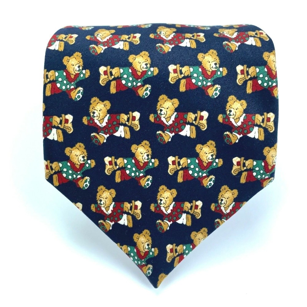Como Seda Necktie Christmas Bear in Polka Dot Pj's Navy Blue Green Red White Tie